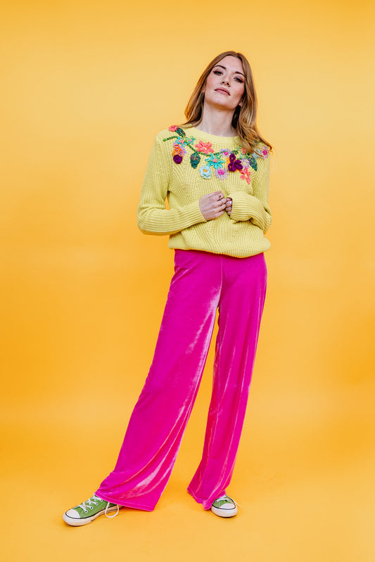 Velvet Straight Leg Trousers in Bubblegum Pink