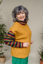 Load image into Gallery viewer, Bouclé Turtleneck Jumper in Mustard with Rainbow Sleeves