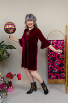 Velvet Ruffle Swing Dress in Burgundy - Megan Crook