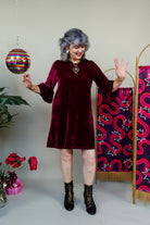 Velvet Ruffle Swing Dress in Burgundy - Megan Crook