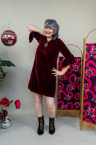 Velvet Ruffle Swing Dress in Burgundy - Megan Crook