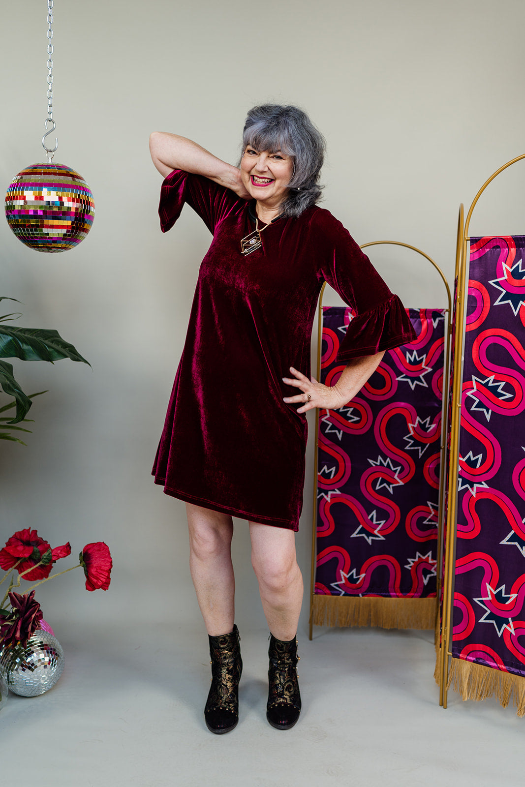 Velvet Ruffle Swing Dress in Burgundy