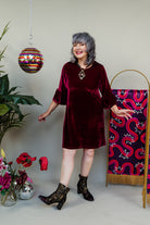 Velvet Ruffle Swing Dress in Burgundy - Megan Crook