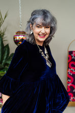 Load image into Gallery viewer, Velvet Ruffle Smock Dress in Midnight