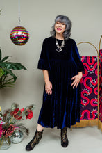 Load image into Gallery viewer, Velvet Ruffle Smock Dress in Midnight