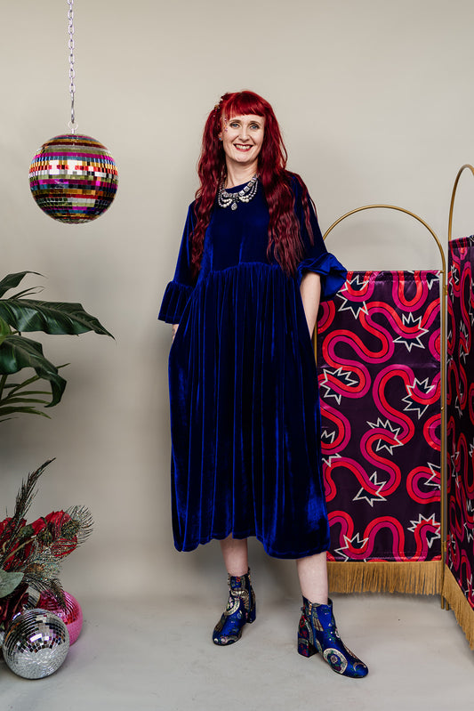 Velvet Ruffle Smock Dress in Royal Blue