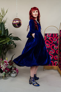 Velvet Ruffle Smock Dress in Royal Blue