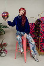 Load image into Gallery viewer, Velvet Straight Leg Trousers in Blue Floral