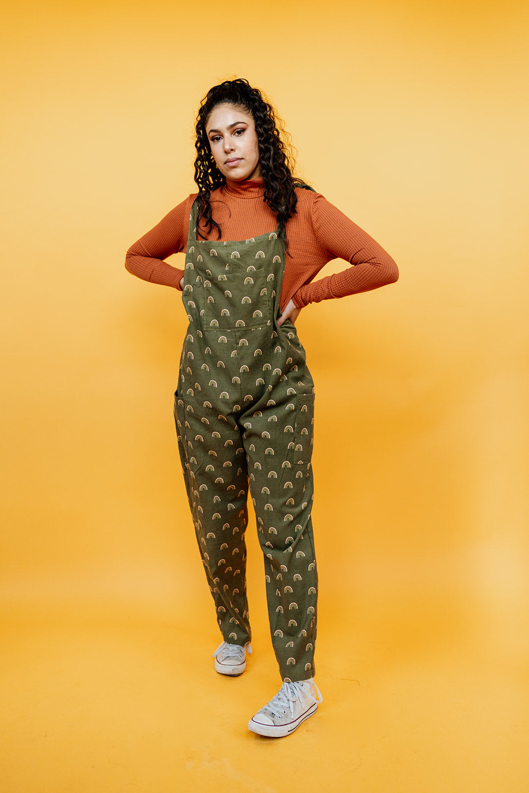 Rainbow Cord Dungarees in Khaki