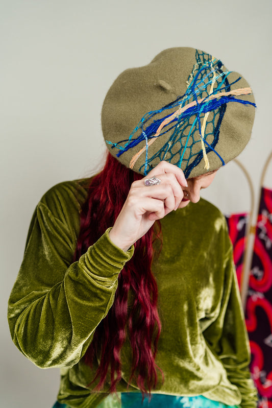 Embellished Beret in Olive Green