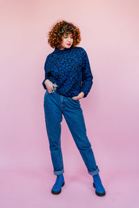 Funnel Neck Pullover in Blue Squiggle Print