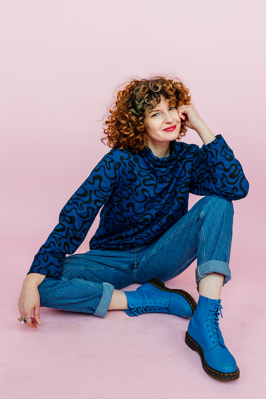 Funnel Neck Pullover in Blue Squiggle Print