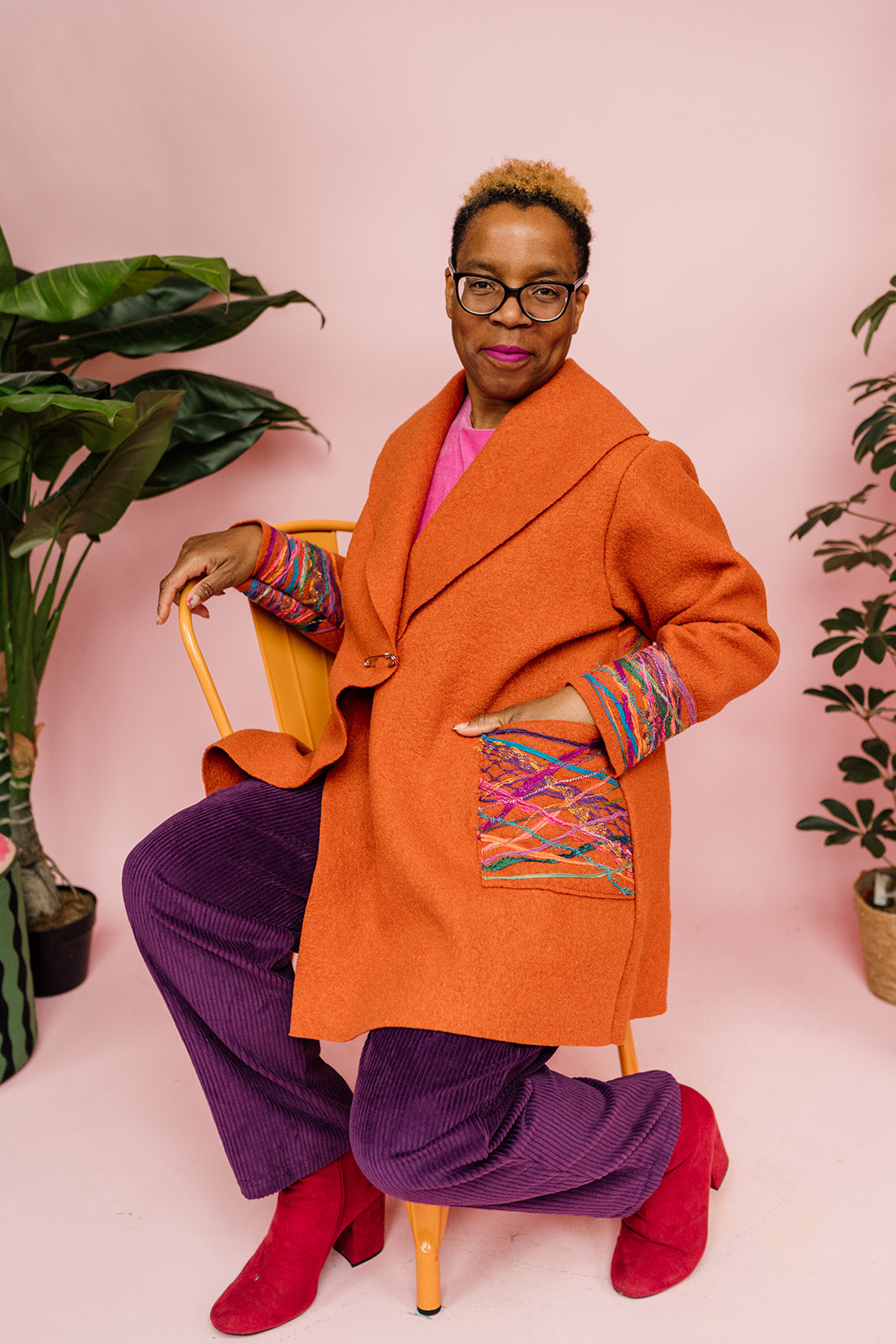 Embellished Short Wool Coat in Orange - Megan Crook