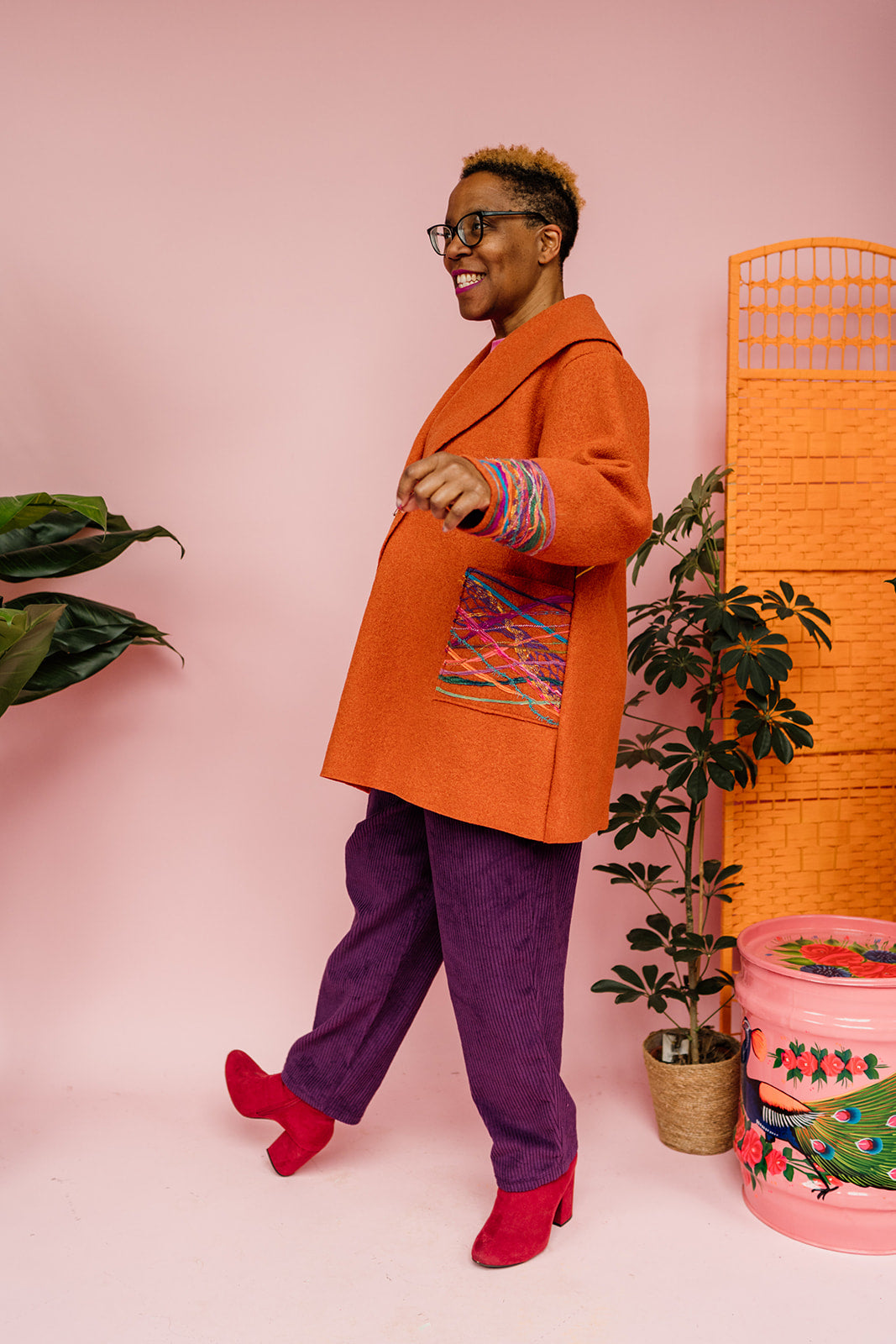 Embellished Short Wool Coat in Orange - Megan Crook