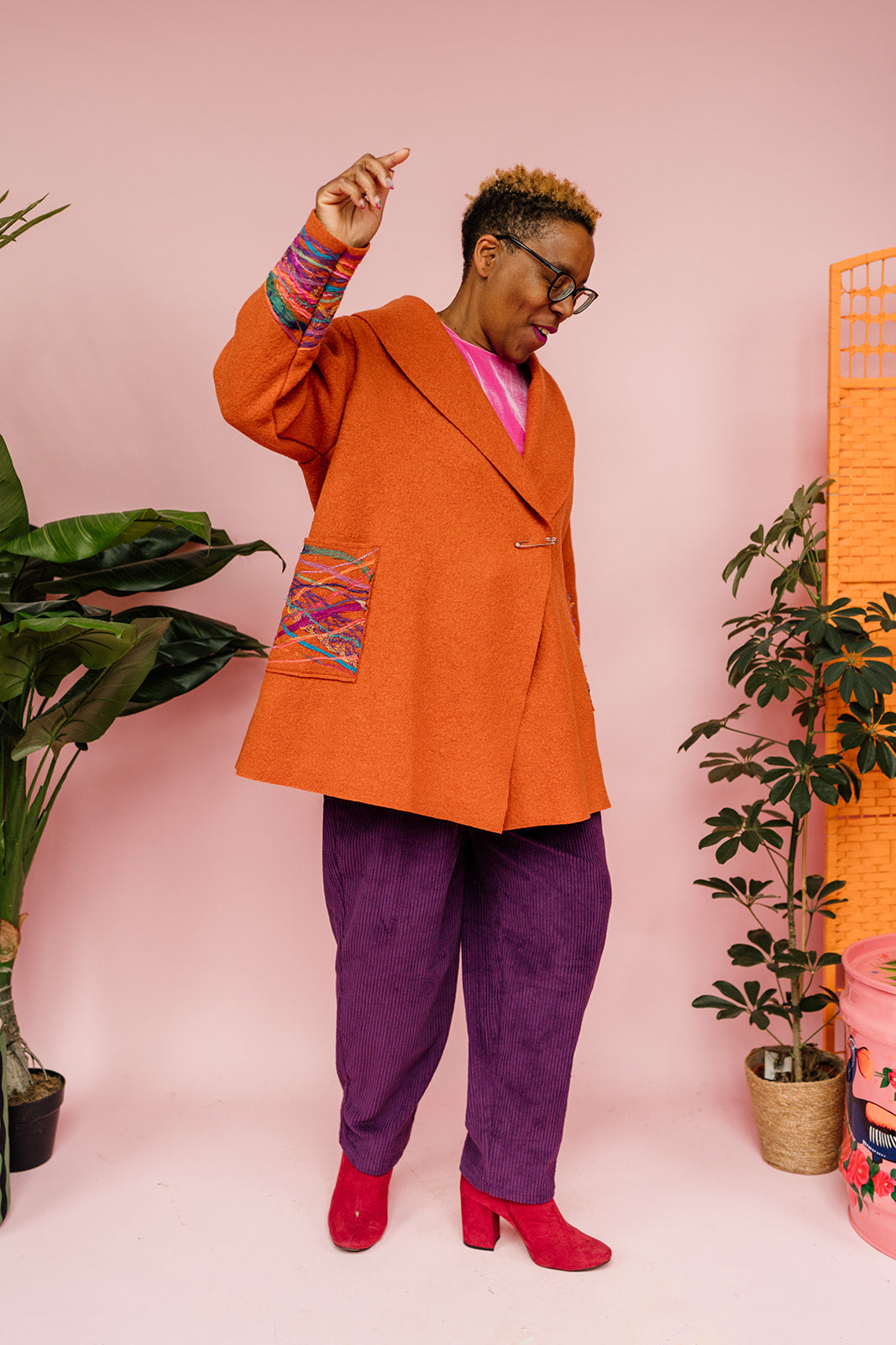 Embellished Short Wool Coat in Orange - Megan Crook