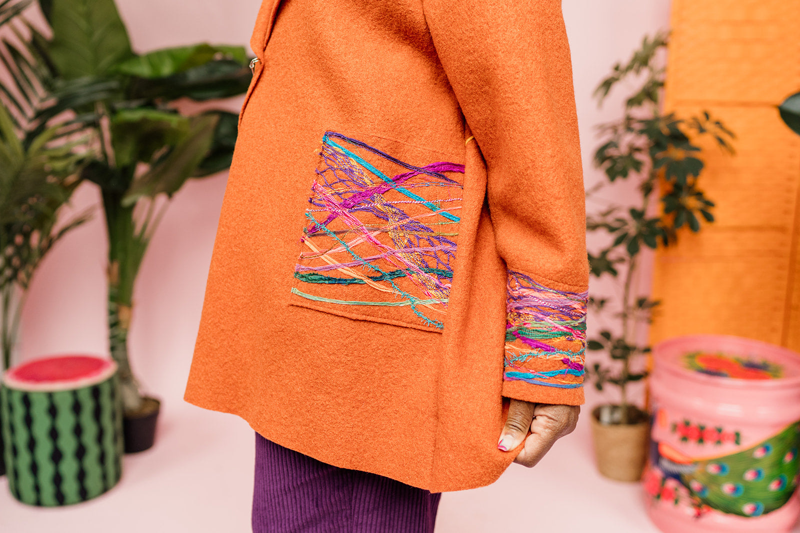 Embellished Short Wool Coat in Orange - Megan Crook