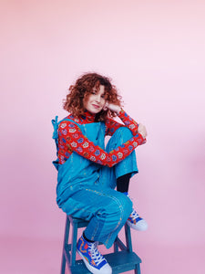 Embroidered Cord Dungarees in Turquoise