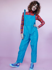 Embroidered Cord Dungarees in Turquoise