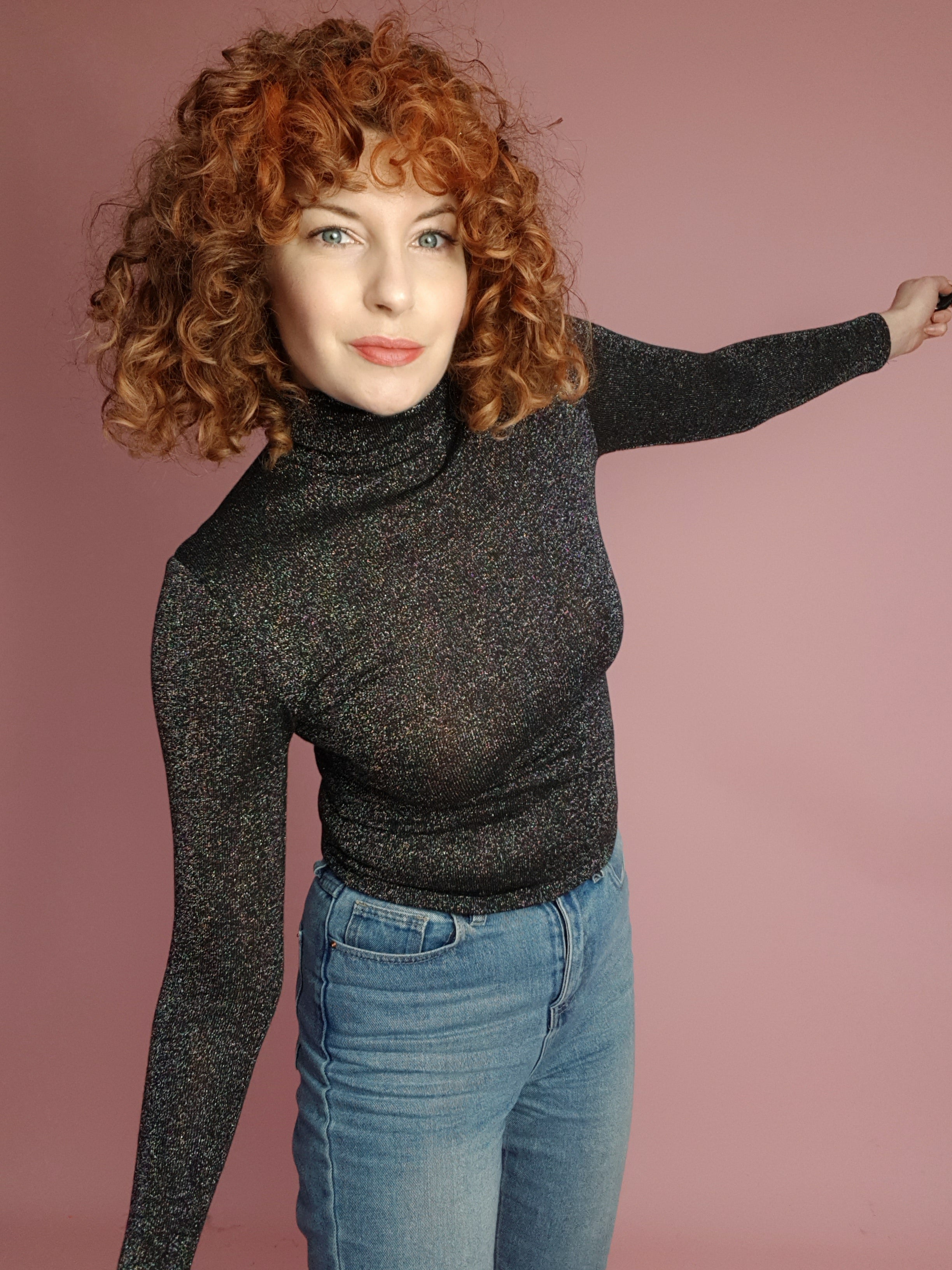 Long Sleeved Turtleneck in Black Lurex - Megan Crook