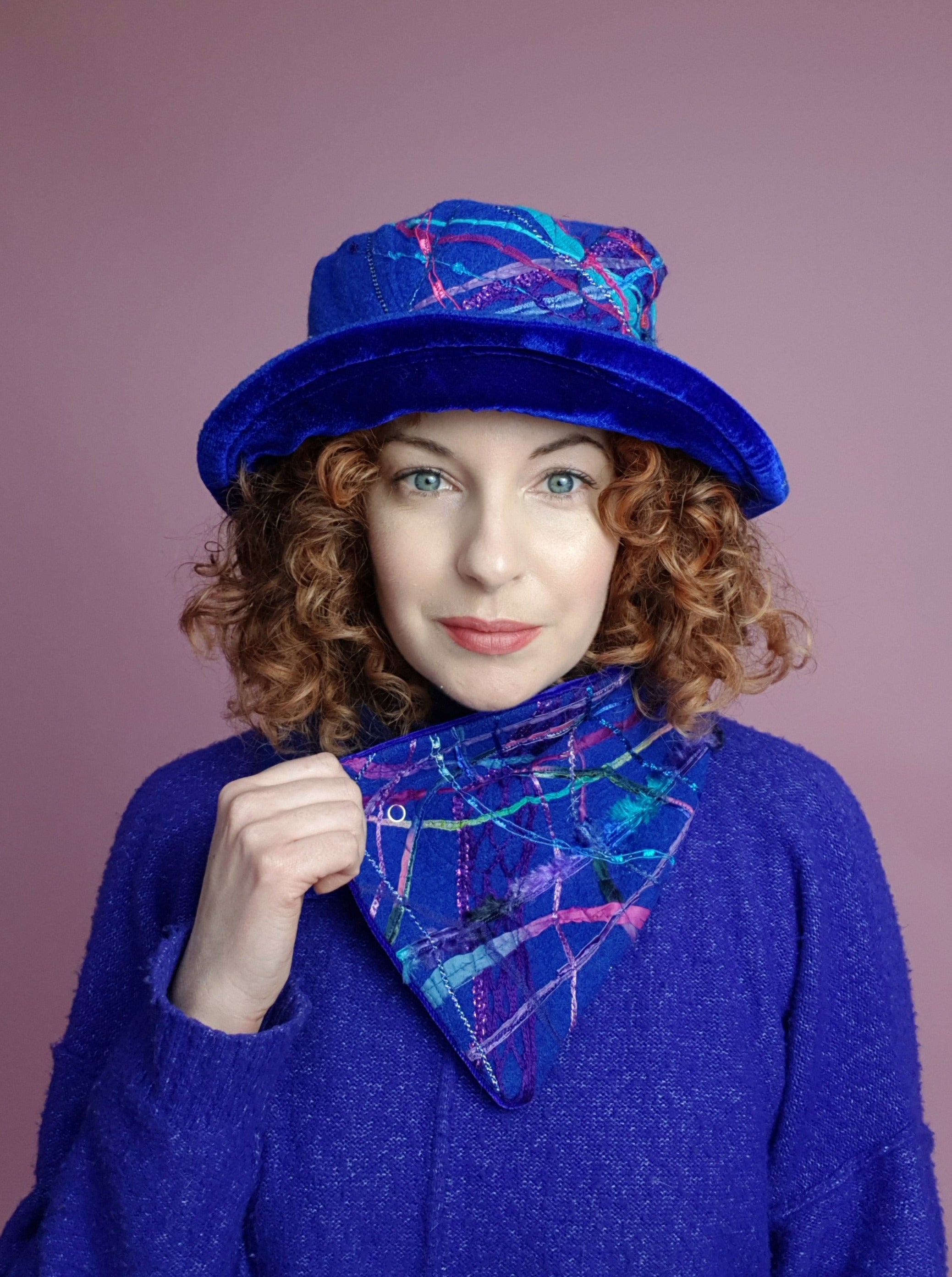 Embellished Wool & Velvet Neck Wrap in Royal Blue - Megan Crook