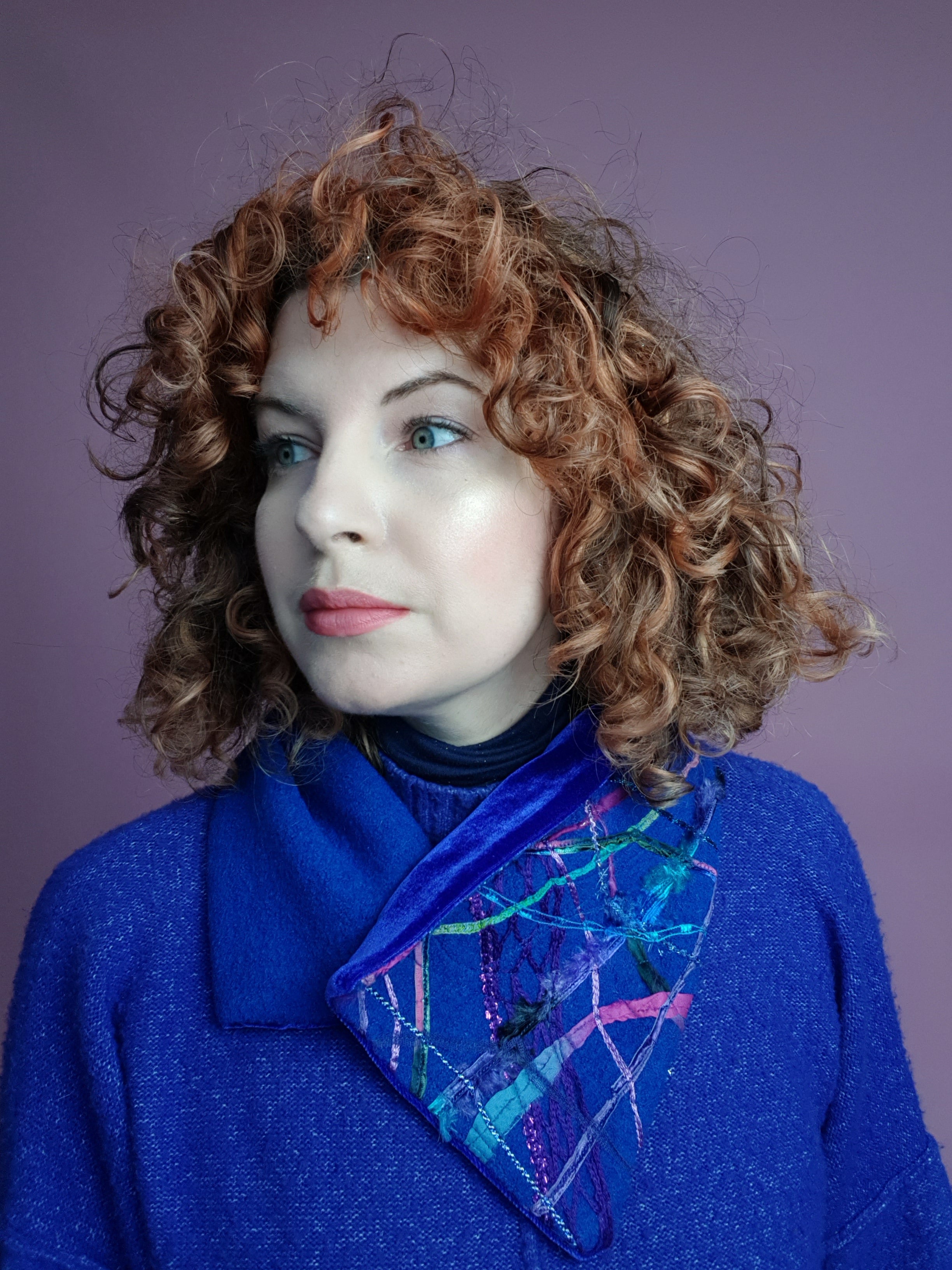 Embellished Wool & Velvet Neck Wrap in Royal Blue - Megan Crook