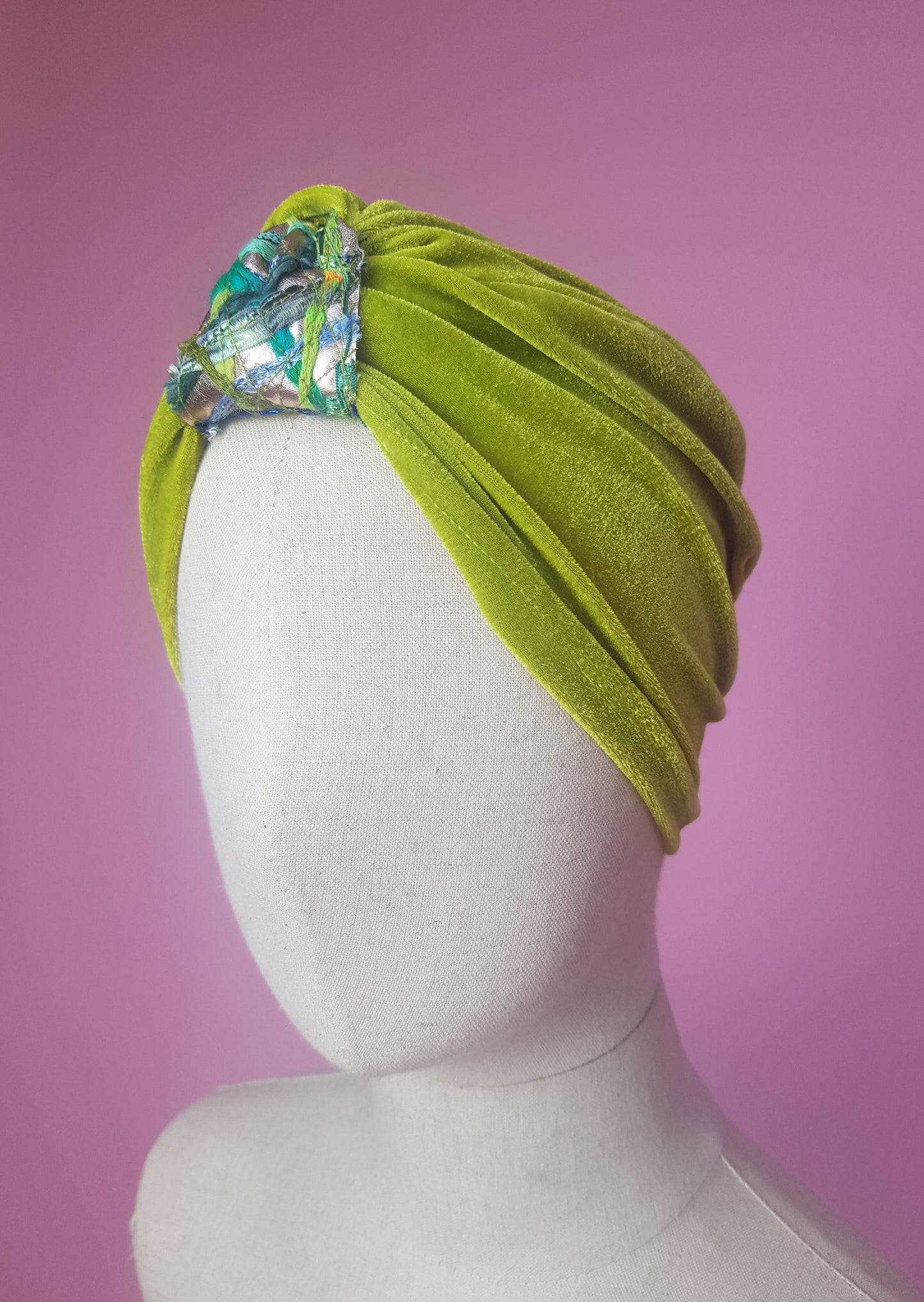 Embellished Velvet Turban in Lime Green