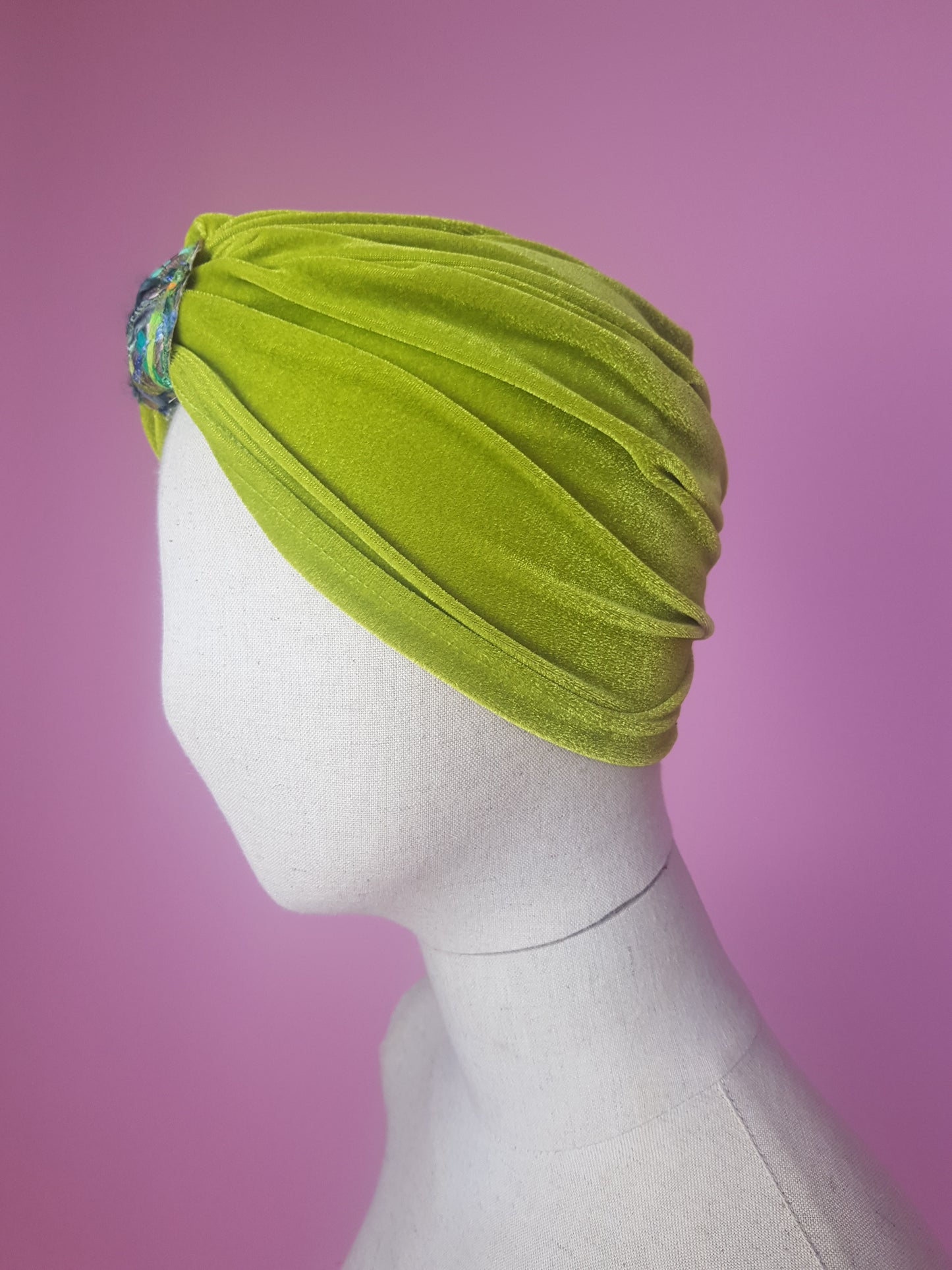 Embellished Velvet Turban in Lime Green