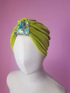 Embellished Velvet Turban in Lime Green