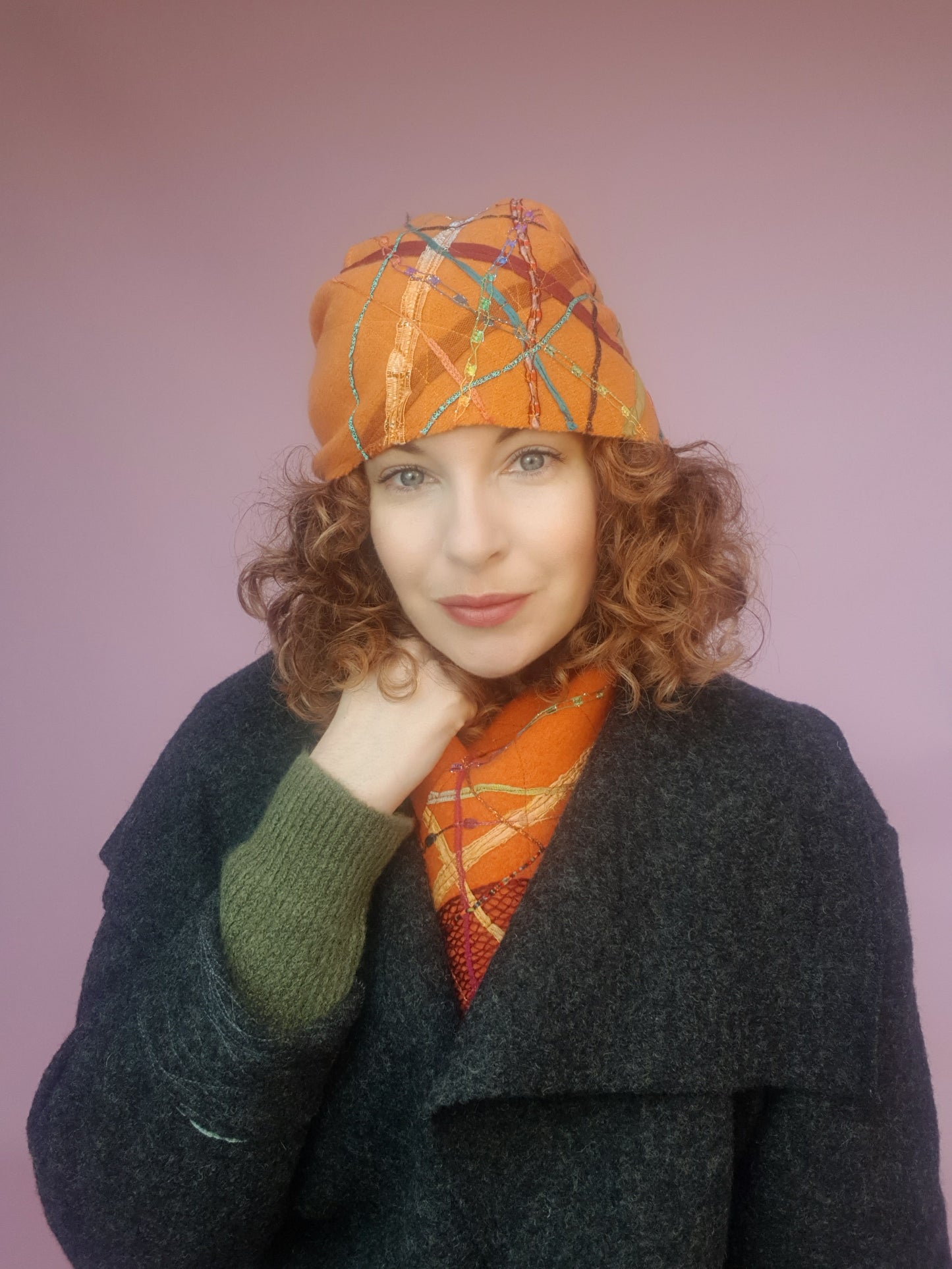 Lambs Wool Embellished Cloche Hat - Tangerine