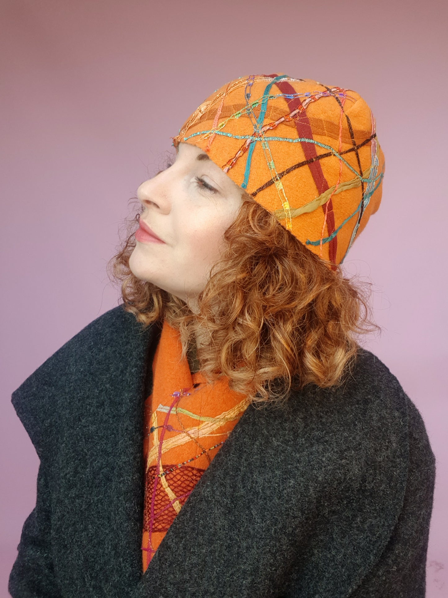 Lambs Wool Embellished Cloche Hat - Tangerine