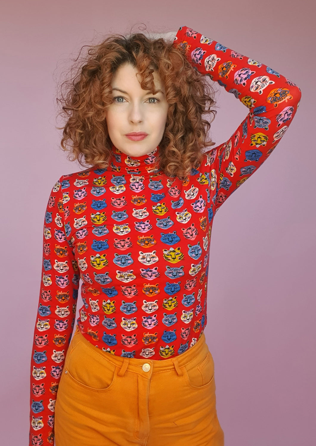 Long Sleeved Turtleneck in Red Cat Print