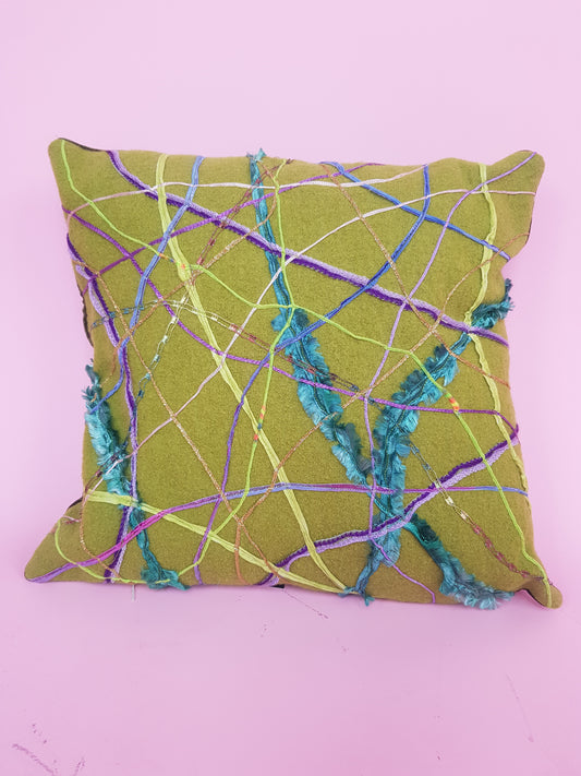 Medium Square Embellished Cushion in Olive Green