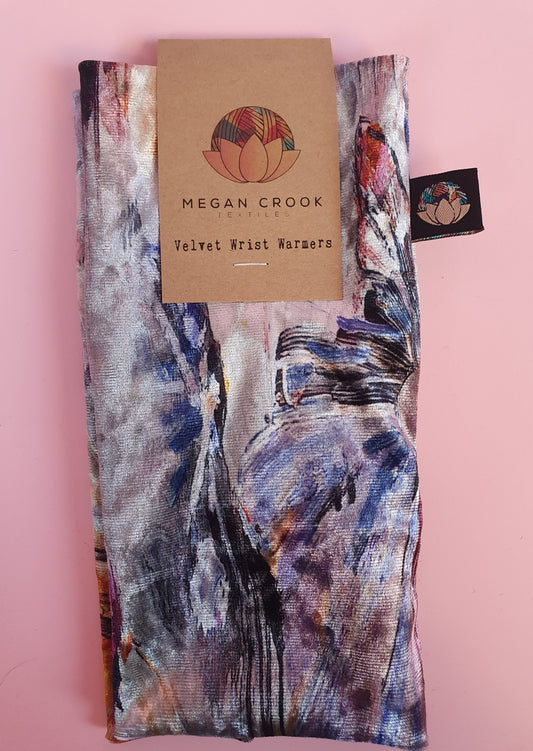 Velvet Wrist Warmers in Grey Abstract