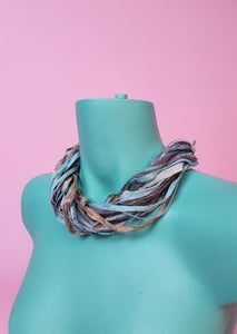 Silk Yarn Necklace in Aqua & Beige