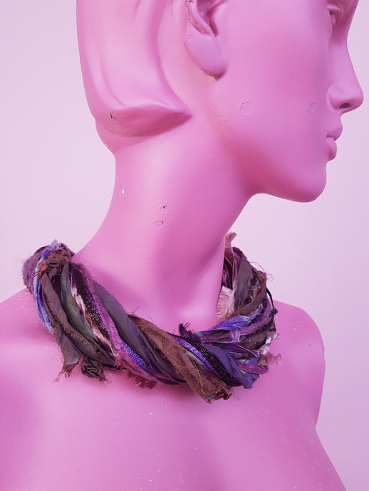 Silk Yarn Necklace in Brown and Plum