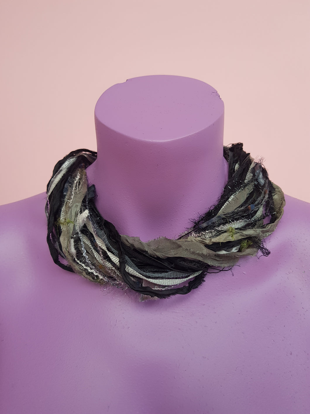 Silk Yarn Necklace in Grey and Black