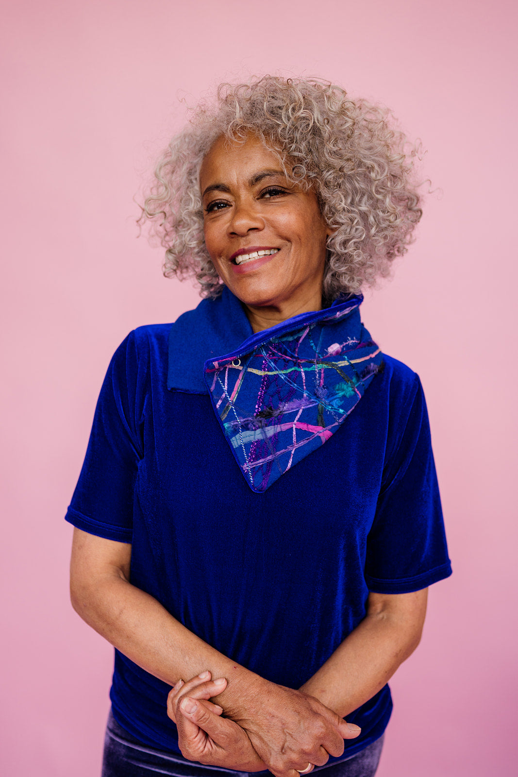Embellished Wool & Velvet Neck Wrap in Royal Blue - Megan Crook