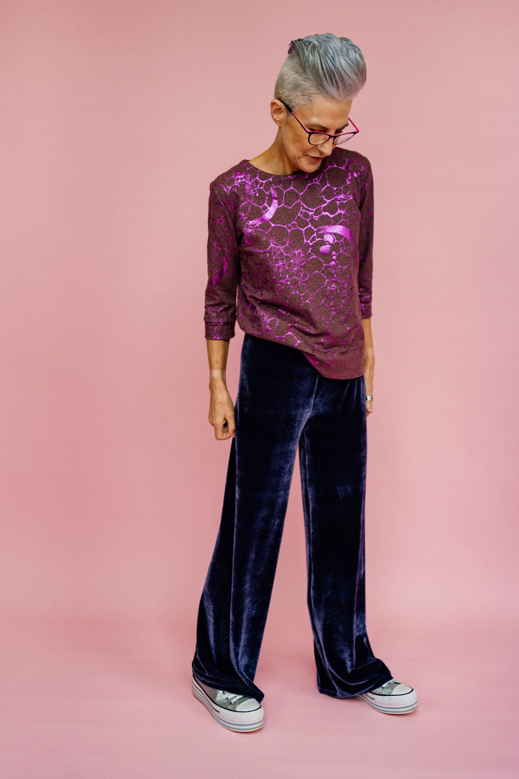 Velvet Straight Leg Trousers in Lavender Grey