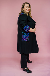 Embellished Long Wool Coat in Black Jewel
