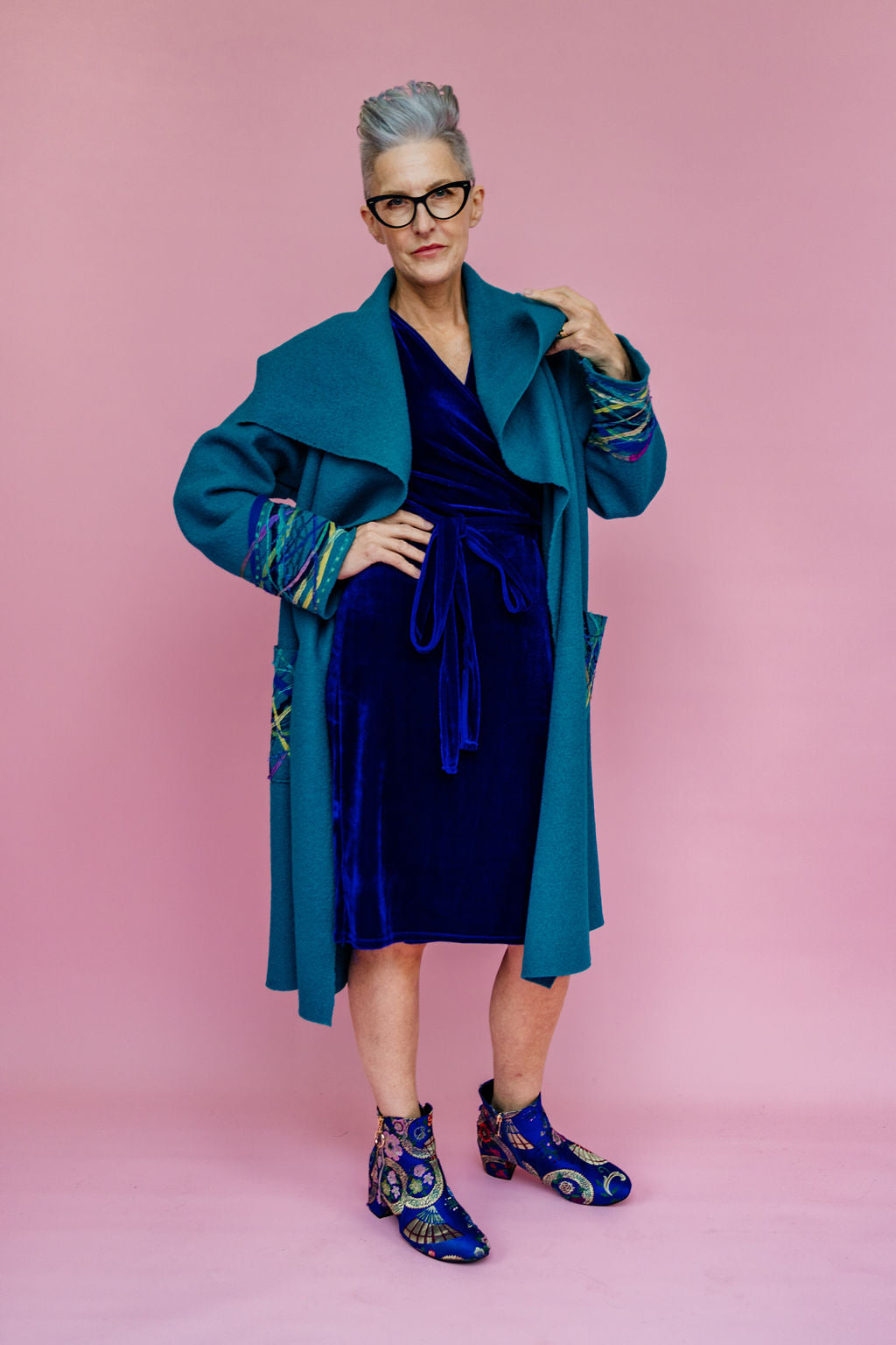 Embellished Long Wool Coat in Teal