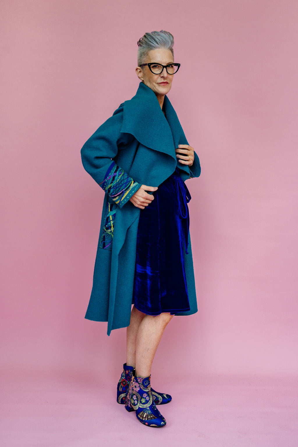 Embellished Long Wool Coat in Teal