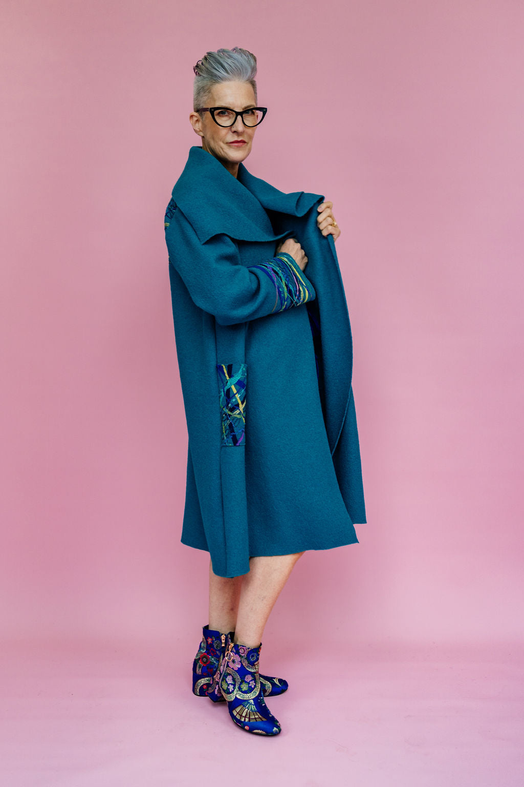 Embellished Long Wool Coat in Teal