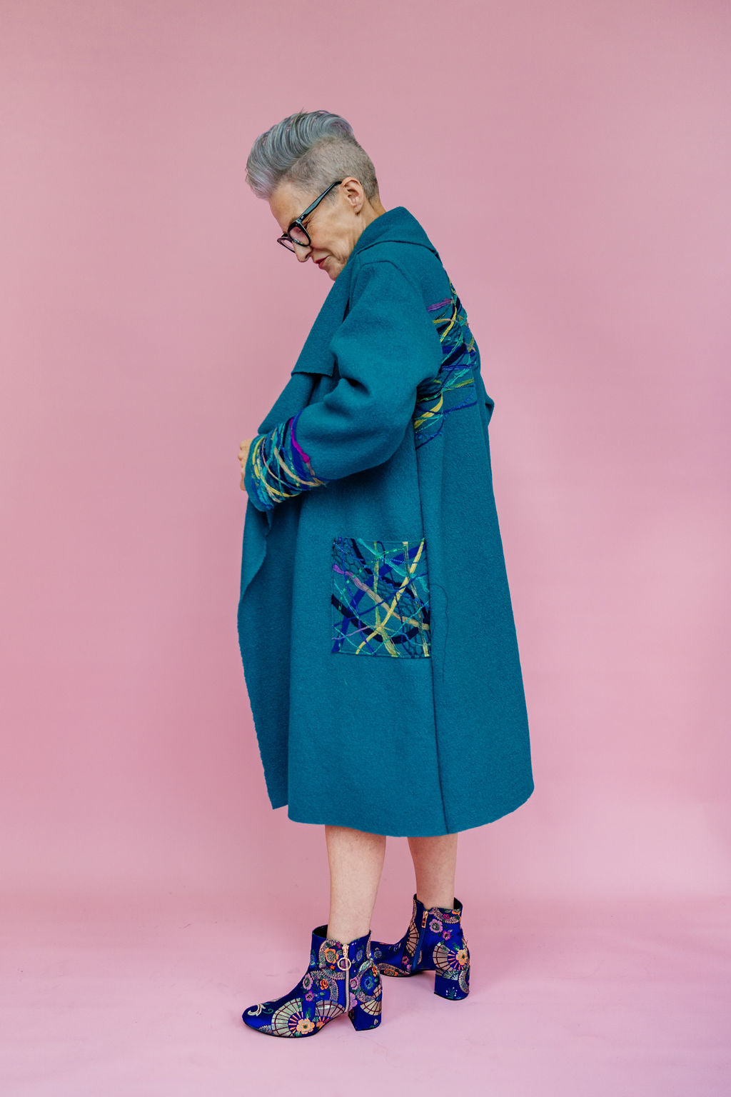 Embellished Long Wool Coat in Teal