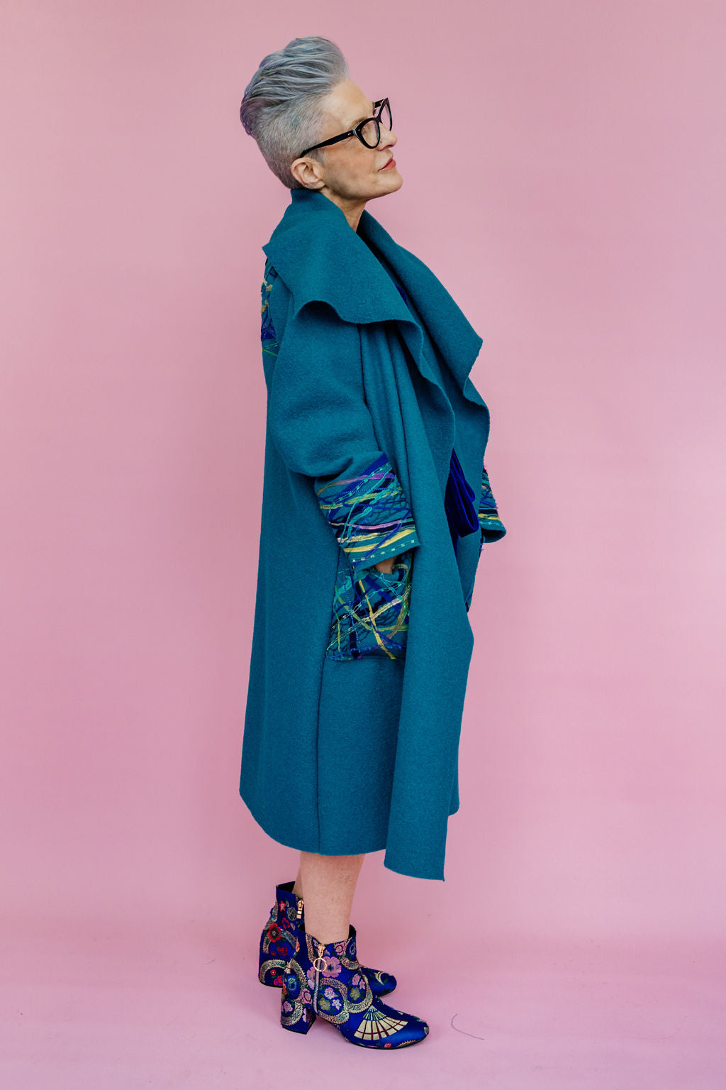 Embellished Long Wool Coat in Teal