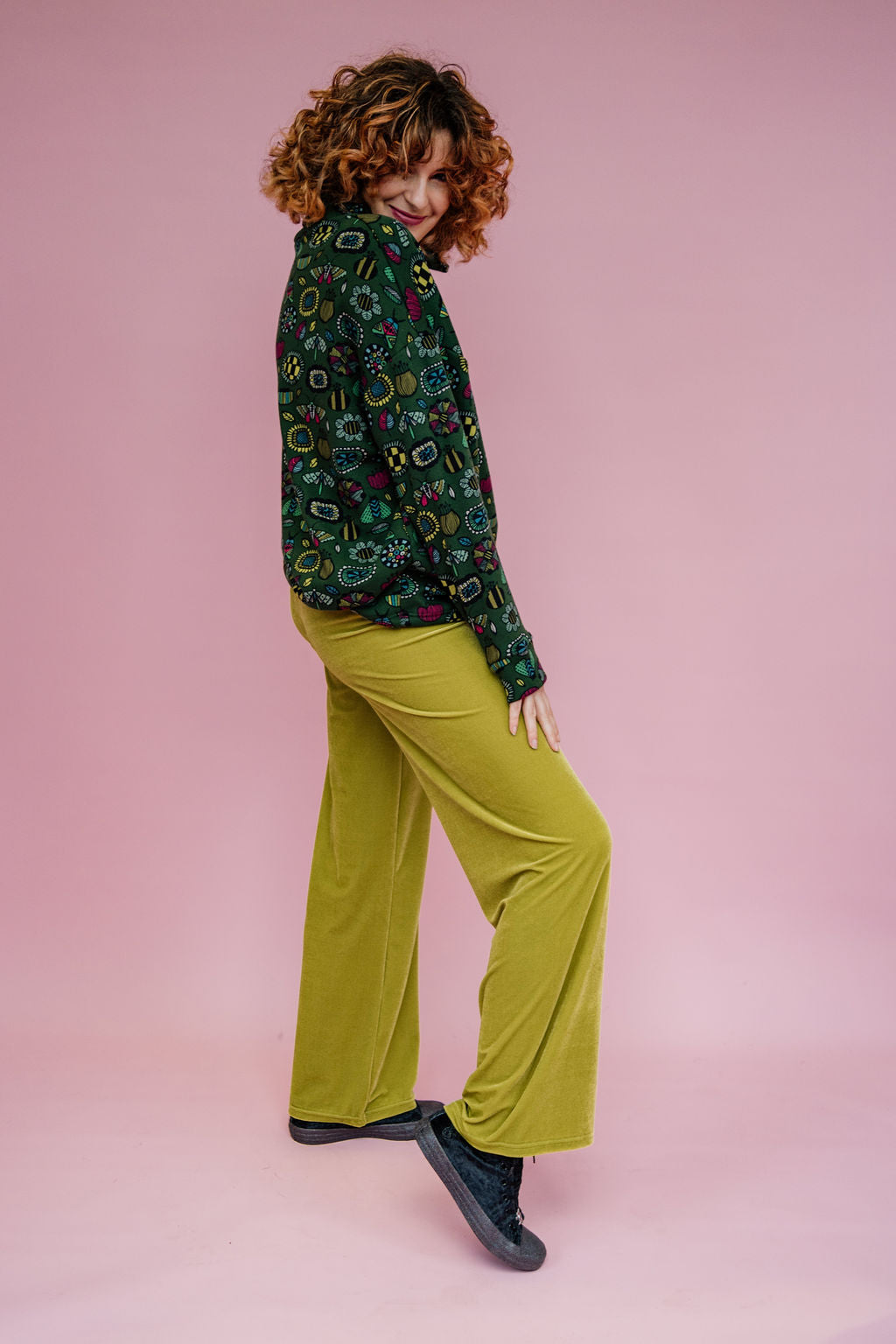 Velvet Straight Leg Trousers in Lime Green