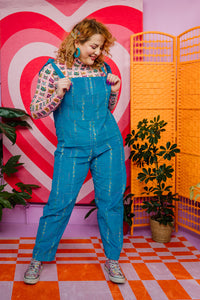 Embroidered Cord Dungarees in Turquoise