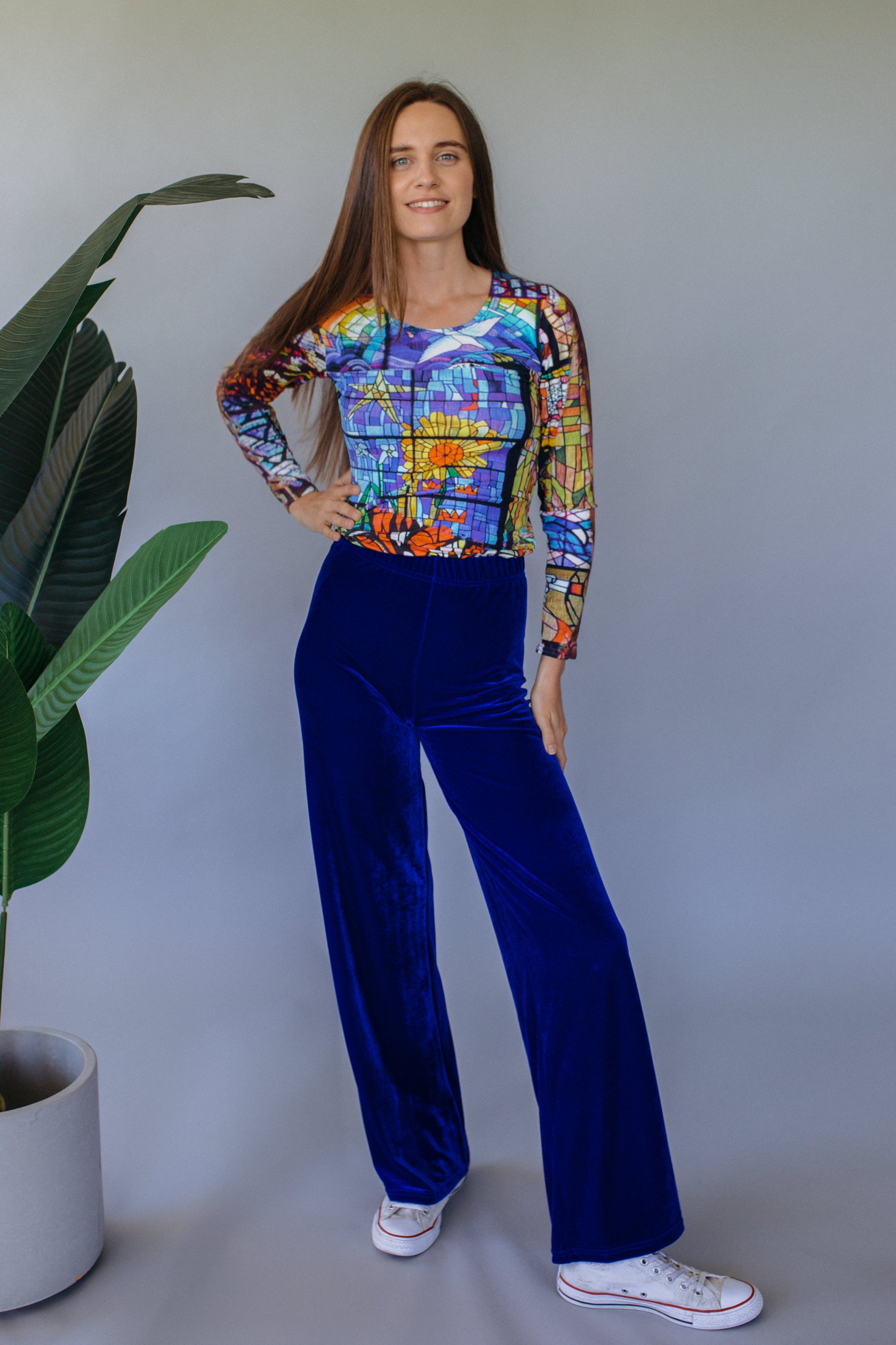 High Waisted Straight Leg Velvet Trousers- Royal Blue - Trouser - Megan Crook