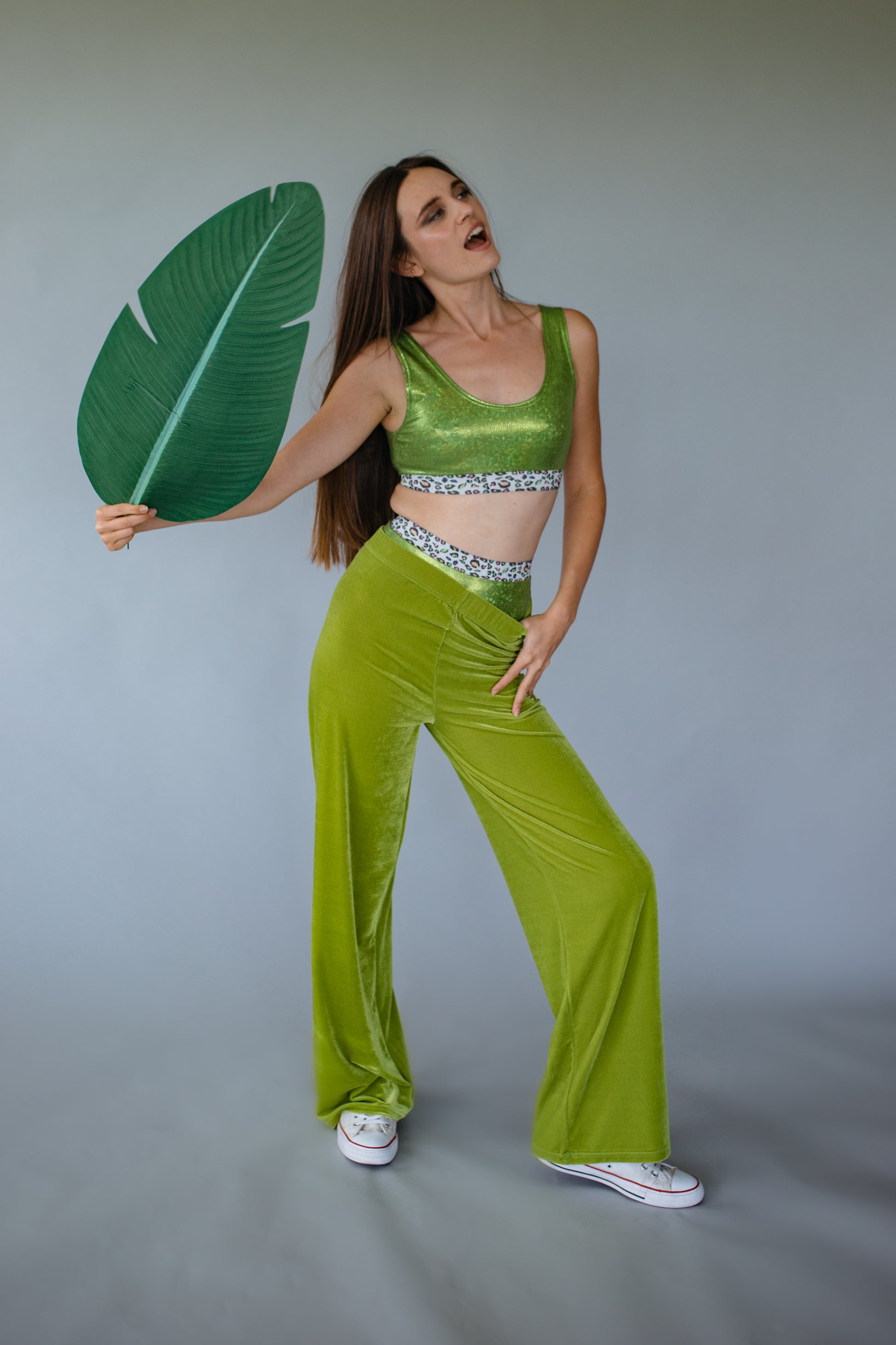 High Waisted Straight Leg Velvet Trousers- Lime Green - Trouser - Megan Crook