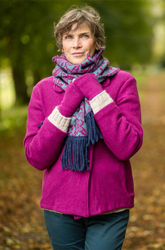 Fair Isle Scarf in Aqua and Berry Bird Pattern Felted Pure New Wool with Fringing - Scarf - Megan Crook