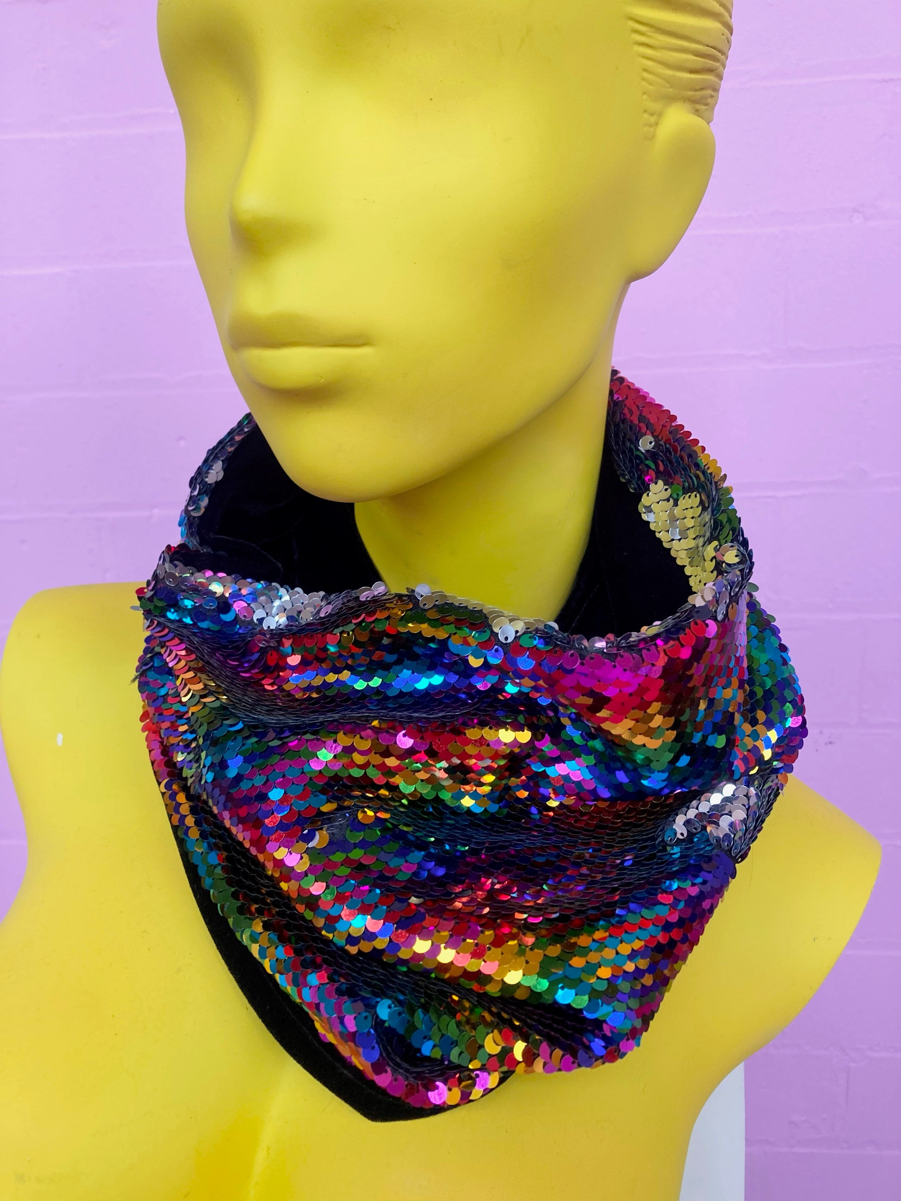 Sequin Embellished Velvet Cowl in Rainbow and Silver - Megan Crook